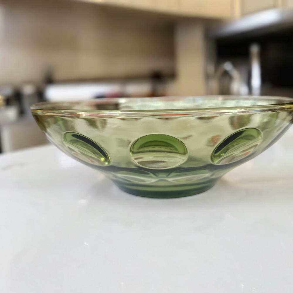 Vintage MCM Hazel Atlas Eldorado Avocado Green Glass Bowl Coin Dot 4.75"